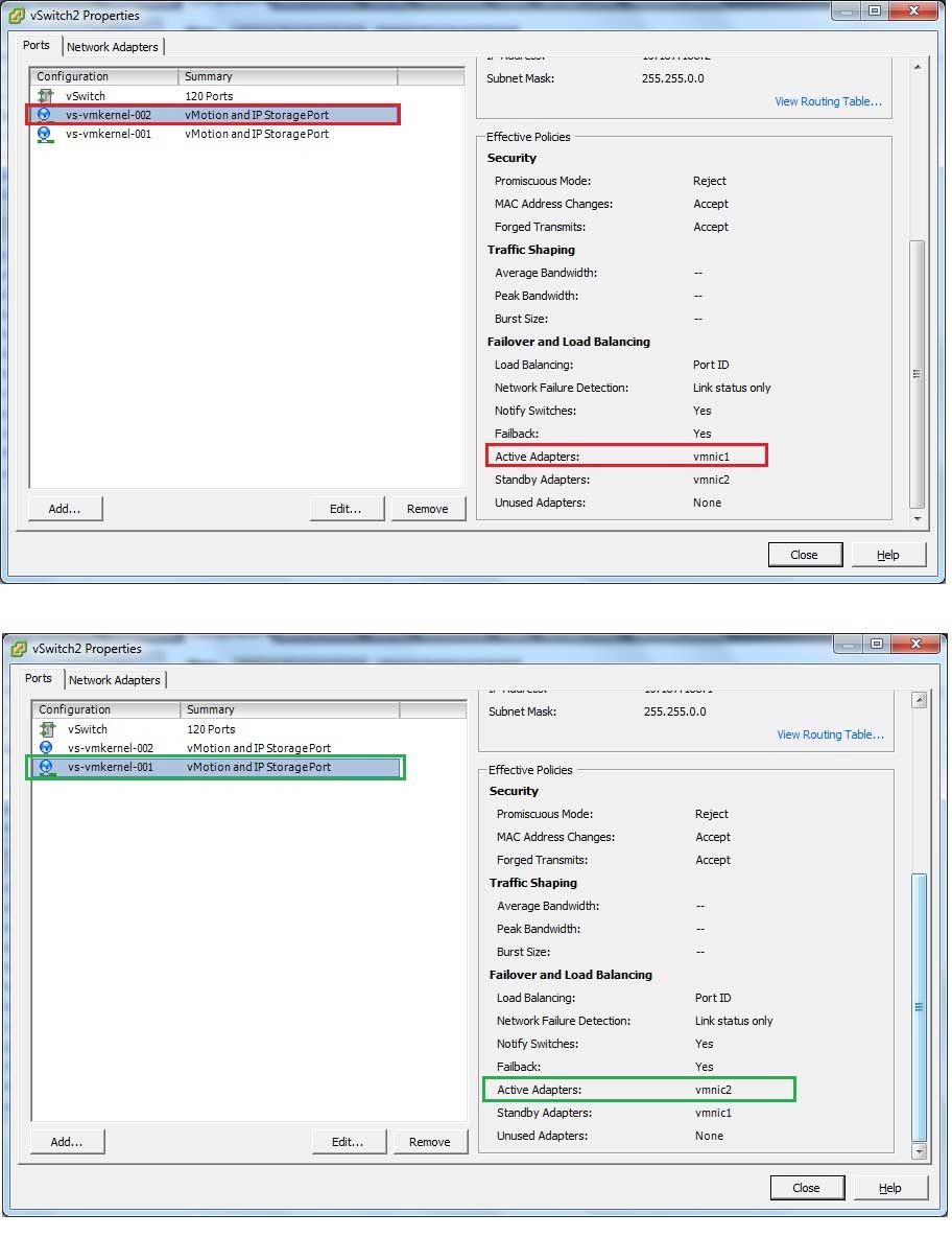 Note that each vmkernel interface on the same vSwitch has different standby and active adapters.