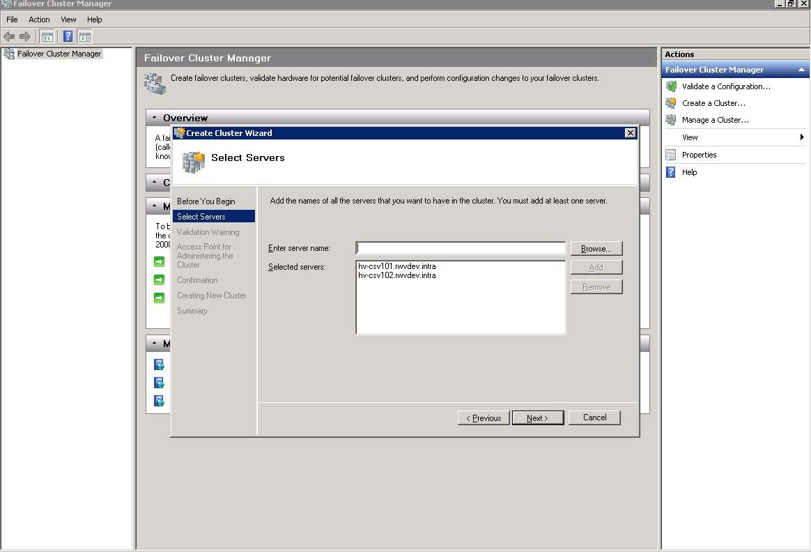 The Create Cluster wizard assigns specific servers to the new cluster.