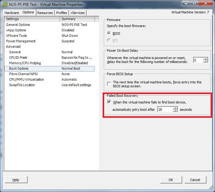 The failed boot recovery option will make the VM reboot after a specified timeout if no boot device was found on disk or on the network.