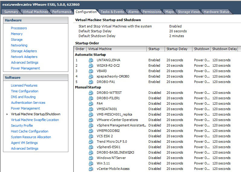 A VM startup sequence can be set with timing for each host.