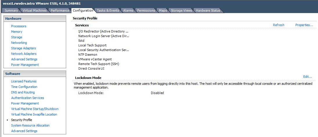 The vSphere client security profile allows control of critical services, including tech support mode.