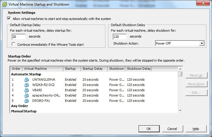 Startup timing can be configured for the VMs.