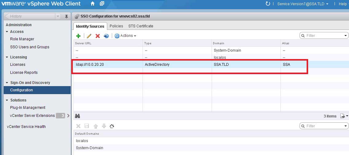 One Active Directory domain, SSA, is added as an external source.