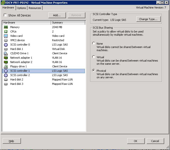 On SCSI Controller 1, set SCSI Bus Sharing to Physical.